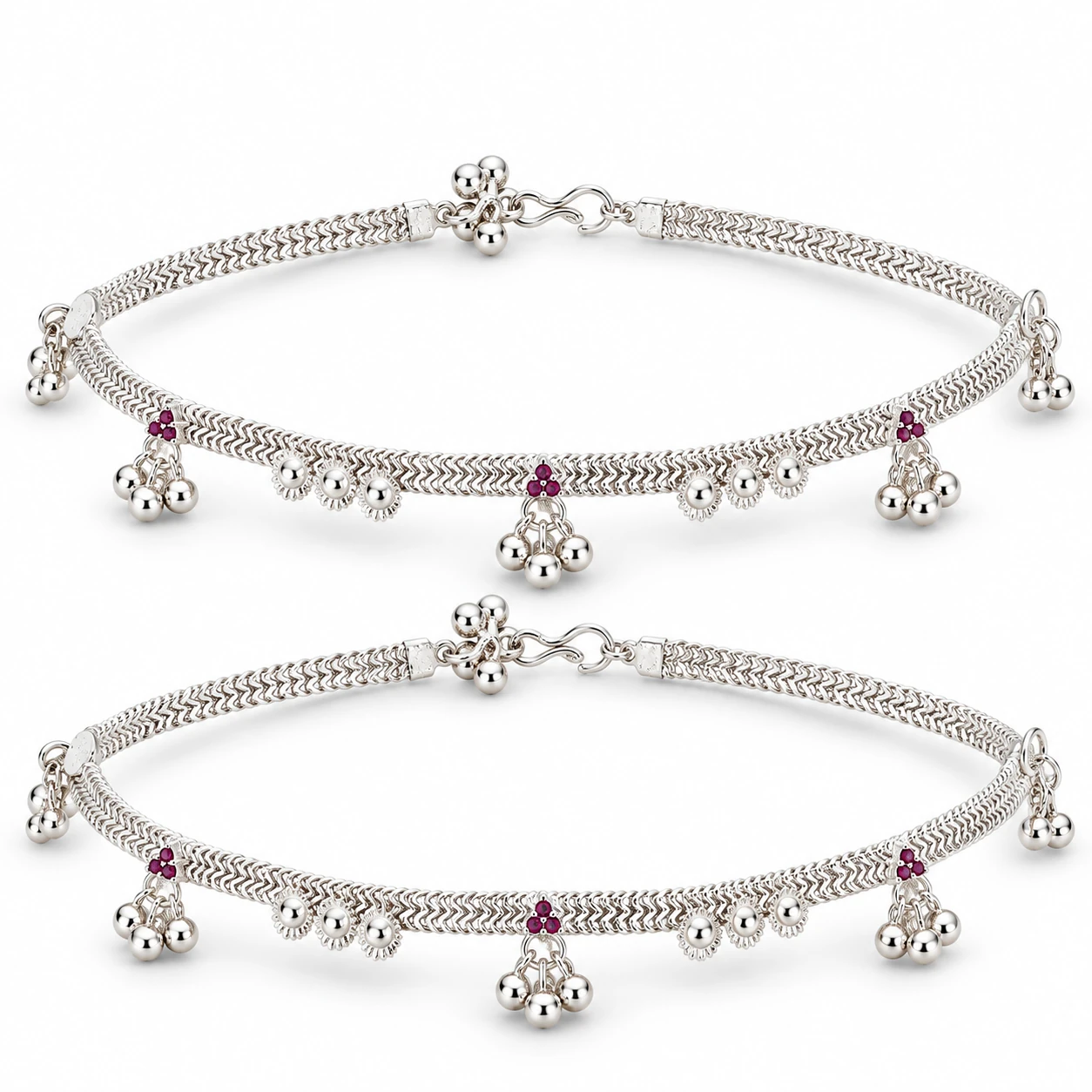 Traditional Silver Payal with Pink Stone & Dangling Beads | Silvra – alternate view