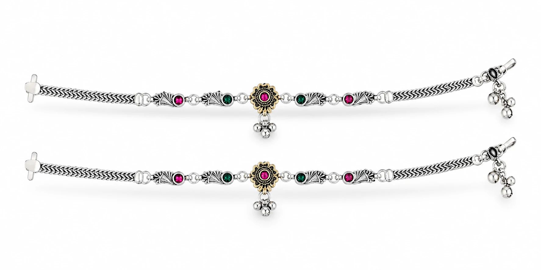 Pure Silver Traditional Payal | Pink & Green Stone Anklet