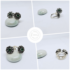 Silver Oxidised Floral Green Crystal Toe Rings