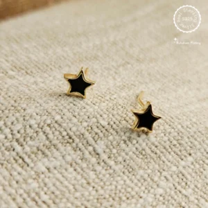925 Silver Star Gold Plated with Black Enamel Studs